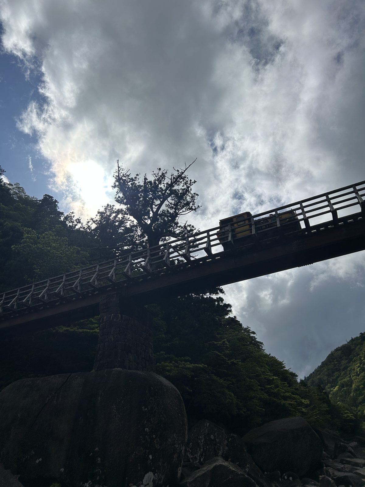 川辺から見上げた橋を渡るトロッコ